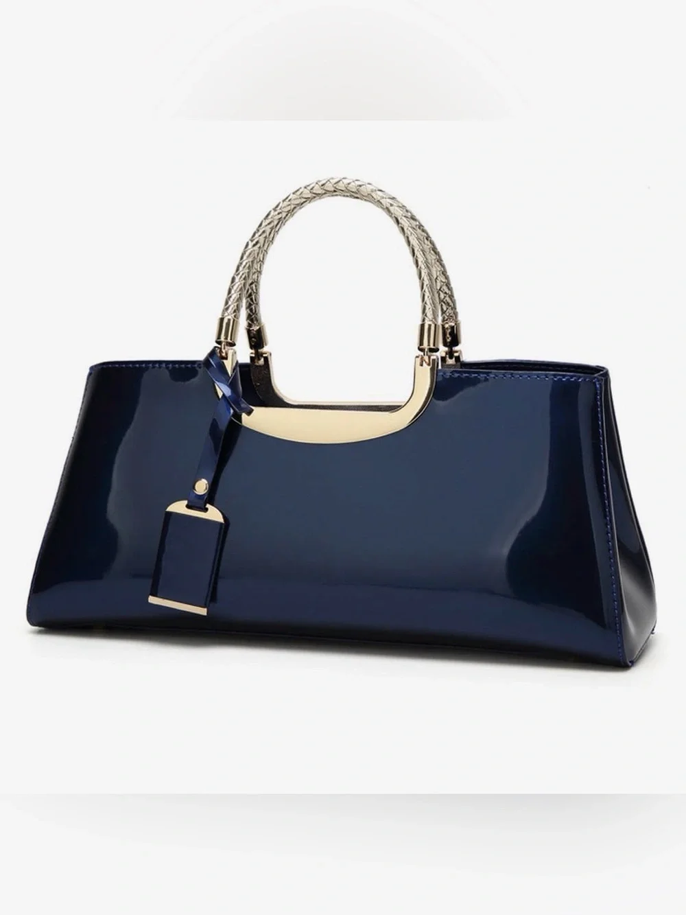 NWT Navy Blue Patent Structured Tote Bag Gold Hardware